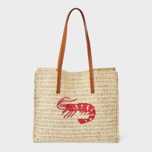NWT Universal Thread Straw Straw Packable Tote Bag with Red Shrimp Embroidery